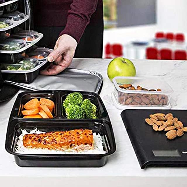 [150Pack] 32oz Meal Prep Containers, Black Plastic Container, 3 Compartment Lunch Box, Bento Box, To go Food packaging, Reuseable - Image 5