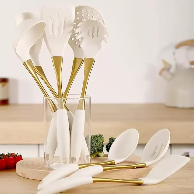 8-Piece Silicone Kitchen Utensil Set, White and Gold, Heat Resistant Cooking Tools with Comfort Handles- Includes Spatula & Spoon for Nonstick Cookware (Elegant White & Gold) - Image 2