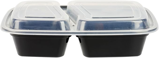 Asporto 32 Ounce Compartment Take Out Boxes, 50 Microwavable Meal Prep Containers - 2 Compartments, With Clear Plastic Lids, Black Plastic Food Containers, Do Not Contain BPA - Restaurantware - Image 13