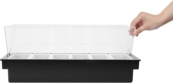 Restaurantware Bar Lux 19.6 x 6.3 x 3.7 Inch Condiment Caddy 1 Durable Bar Caddy - 6 Removable Compartments Built-In Lid Black Plastic Condiment Holder For Restaurant Store Cocktail Garnish - Image 12