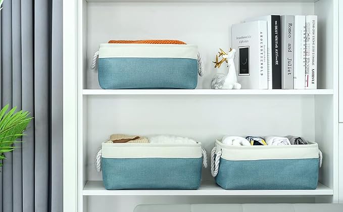 Fabric Storage Bin with Handles,Storage Basket for Home Storage and Organization, Shelf Basket with Cover for Living Room Bedroom Closet（White & Green Medium 13.8L×9.8W×6.7H - Image 2