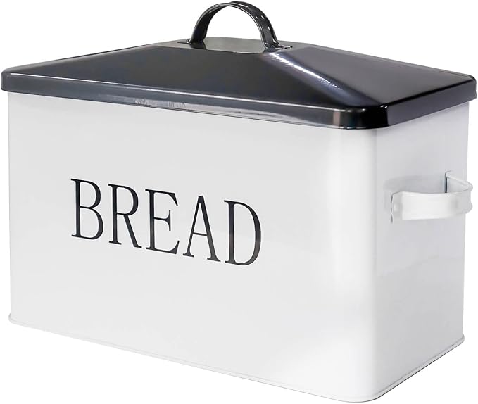 SOTECH Metal Bread Box with Lid for Kitchen Countertop Large Bread Bin kitchen Bread Food Snacks Storage Container Farmhouse BreadBox Grey Lid White Body with Side Handles by SOTECHLLC