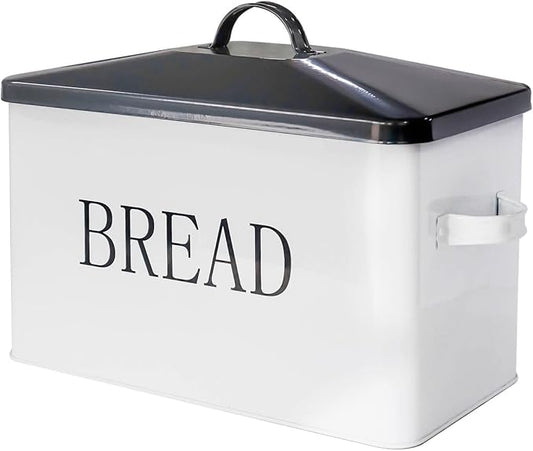 SOTECH Metal Bread Box with Lid for Kitchen Countertop Large Bread Bin kitchen Bread Food Snacks Storage Container Farmhouse BreadBox Grey Lid White Body with Side Handles by SOTECHLLC
