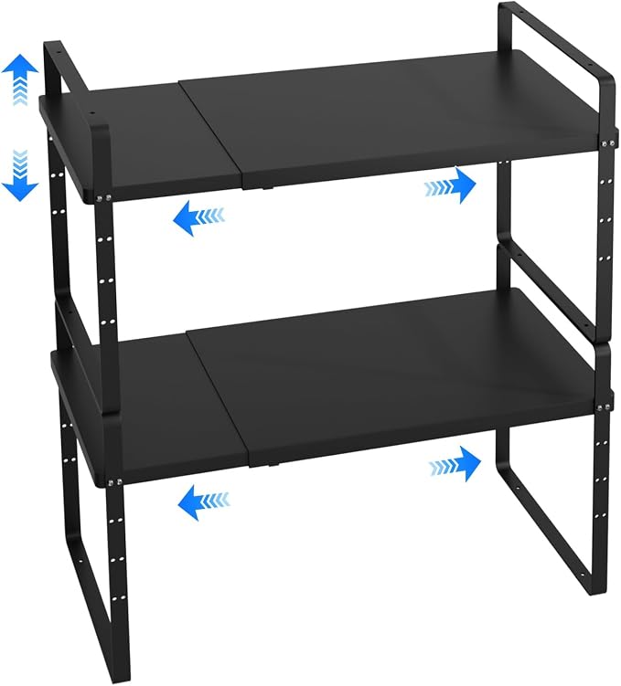 Expandable Cabinet Shelf Organizer, Stackable Kitchen Pantry Counter Storage, Adjustable Closet Cupboard Stand Rack Risers Spice Organization 80LBS Heavy Duty Black Large 2 Pack by KIKIBRO
