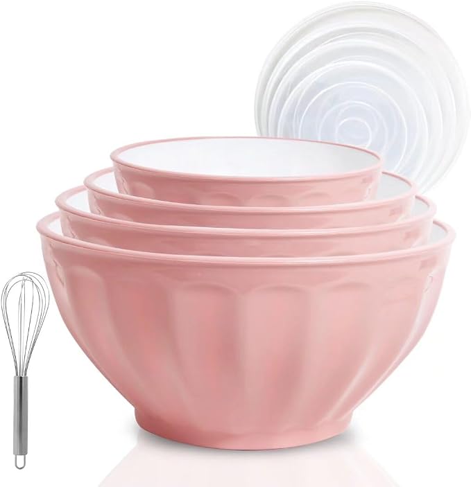 Mixing Bowls with Lids Set,4 Piece Large Plastic Nesting Bowls,Includes 4 Microwave safe Mixing Bowl and An Egg Whisk for Kitchen Prepping,Baking,Cooking Food, Pink by JCXivan
