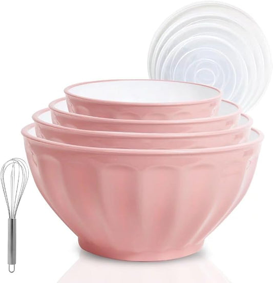 Mixing Bowls with Lids Set,4 Piece Large Plastic Nesting Bowls,Includes 4 Microwave safe Mixing Bowl and An Egg Whisk for Kitchen Prepping,Baking,Cooking Food, Pink by JCXivan