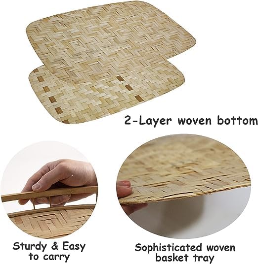 Set of 4 pcs Rectangular Bamboo Wicker Serving Trays with Handles, Handwoven Coffee Trays for Coffee, Breakfast, Bread, Food, Dish and Decorative Trays for Dining Table - Image 5