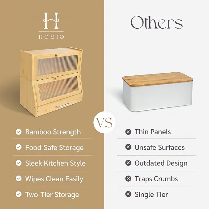 Bread Box for Kitchen Countertop - Bamboo Wood Breadbox with Knife Storage, Ventilation Holes - Farmhouse Loaf Organizer, Versatile 2 Layer Bread Storage Container for Snacks Mugs Spices - Image 6