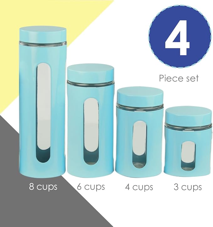 Kitchen Canisters Set For Countertop By Home Basics | Retro-Styled Canisters For Kitchen Counter | Stainless Steel and Glass, See-Through Windows (Turquoise), 4 Pieces - Image 2