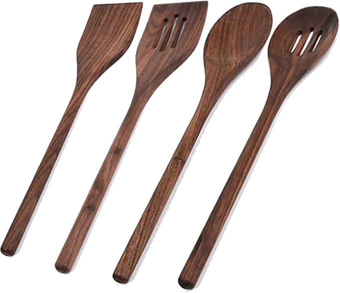 4 Pcs Black Walnut Kitchen Utensils Set, Natural Walnut Wood Cooking Tools for Heat Resistant NonStick Cookware Spatula Turner Solid Spoon Slotted Spoon Wooden Kitchen Utensils Set for Cooking by FiunkesLightFixture