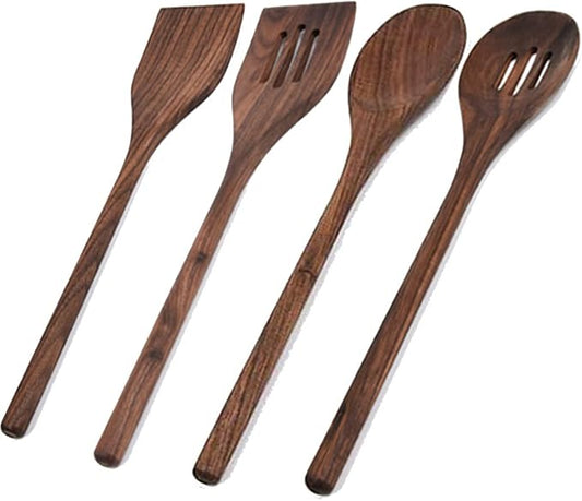 4 Pcs Black Walnut Kitchen Utensils Set, Natural Walnut Wood Cooking Tools for Heat Resistant NonStick Cookware Spatula Turner Solid Spoon Slotted Spoon Wooden Kitchen Utensils Set for Cooking by FiunkesLightFixture