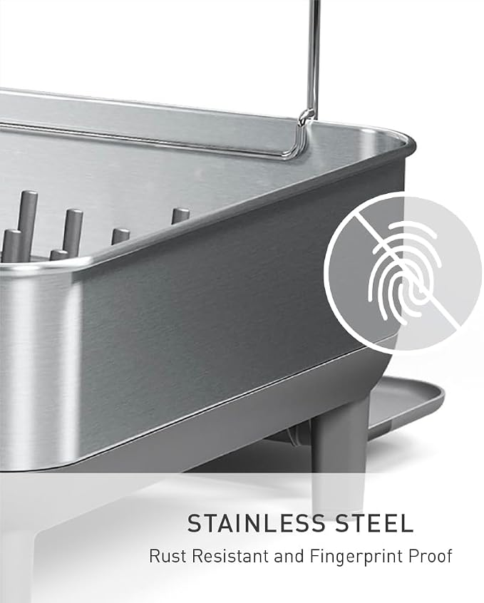 simplehuman Steel Frame Dishrack, Large Capacity Dish Drying Rack, 360º Easy Drain Swivel Spout, Utensil & Wine Glass Holder, Anti-Residue Coating, Moisture Control Surface, Brushed Stainless Steel - Image 5