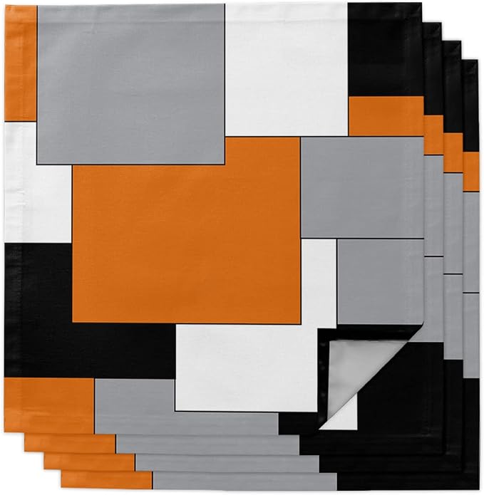Mid Century Modern Kitchen Cloth Napkins 4 Pack, Orange Black Grey White Geometric Abstract Art Dinner Napkins Soft Table Napkin for Family Dinners Parties Wedding, Washable & Reusable 20" x 20" by EwdeWwo