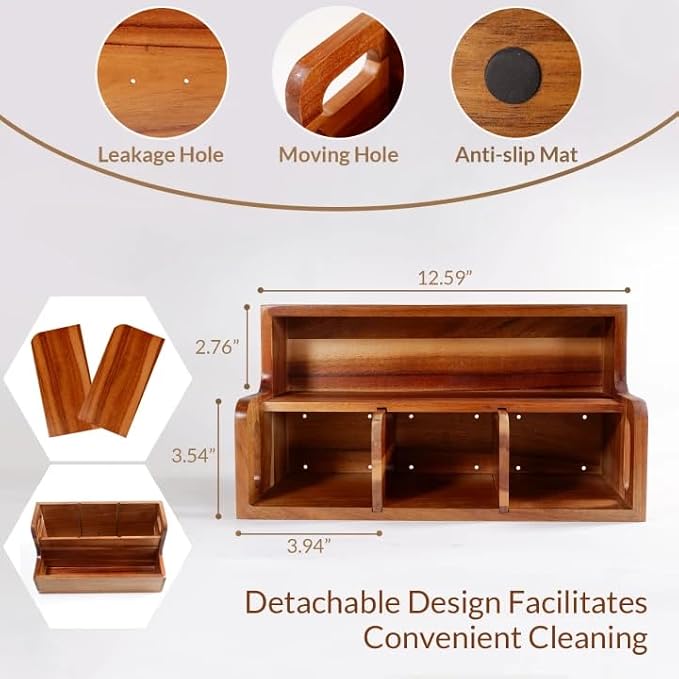Kitchen Utensil Holder for Countertop with 4 Compartments Acacia Large Utensil Holder Wooden Storage for Cooking,Baking,Flatware Tool Kitchen Utensil Organizer. ﻿. - Image 3