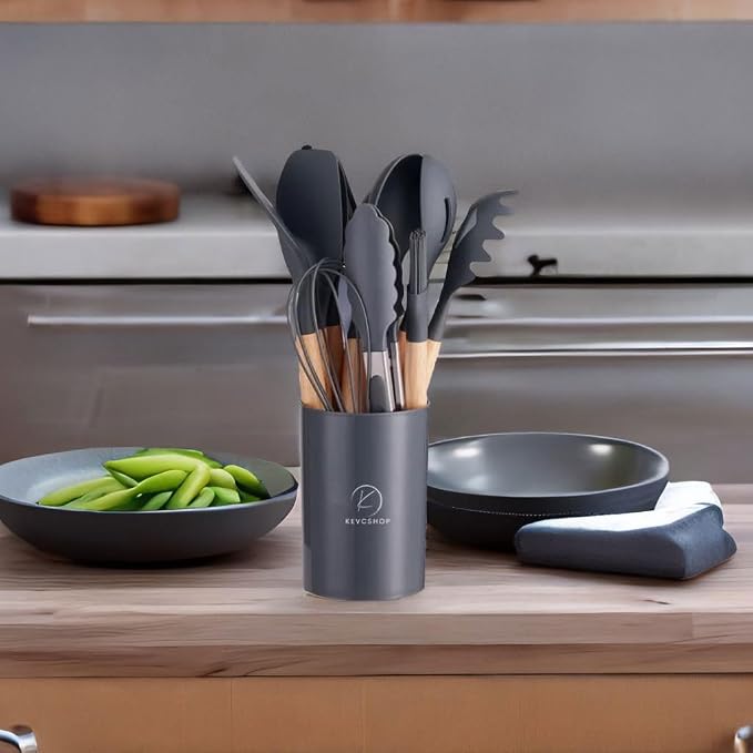 Deluxe 12-Piece Silicone Kitchen Utensils Set with Durable Cooking Tools - Heat Resistant Nonstick Cookware Essentials, Includes Spoon, Spatula, Ladle, and Utensil Set Holder (Dark Grey) - Image 3