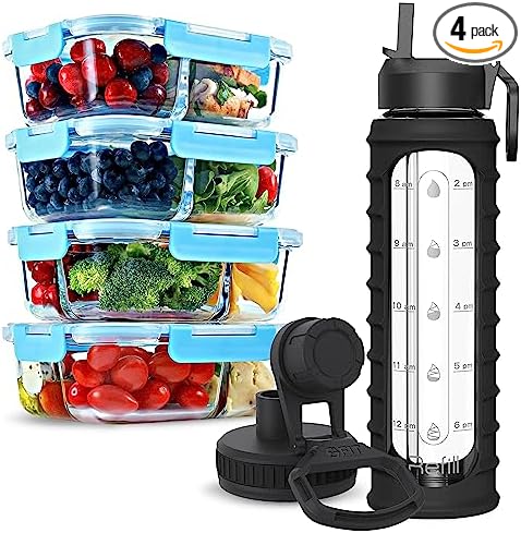 FIT Strong & Healthy 4-Pack 2 & 3 Compartment Glass Meal Prep Containers & 32oz Glass Water Bottle with Straw Lid, Time Marker, Sleeve & Extra Lid (Black) by FITSTRONGHEALTHY