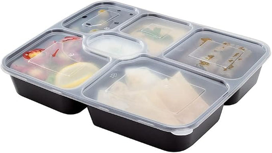 Restaurantware Asporto 53 Ounce Food Containers 100 Microwavable Take Out Food Containers - Clear Plastic Lids Included WIth 6 Compartments Black Plastic Catering Food Containers Disposable by Restaurantware