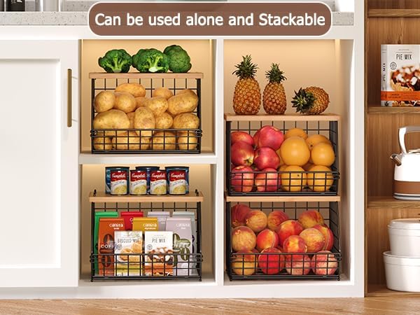 2 Set Stackable Wire Basket with Wooden Tops & Pad for kitchen organizers and storage, XXL Kitchen Counter Organizer for Fruit, Vegetable, Bread, Potato and Onion Storage Bin - Image 5