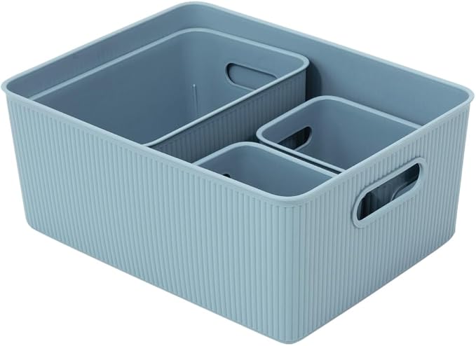Superio Ribbed Collection - Decorative Plastic Basket Open Home Storage Bins Organizer, Blue (Set of 4) 1 Large, 1 Medium, 2 Small - Container Boxes for Organizing Closet Storage Bins for Shelves - Image 6