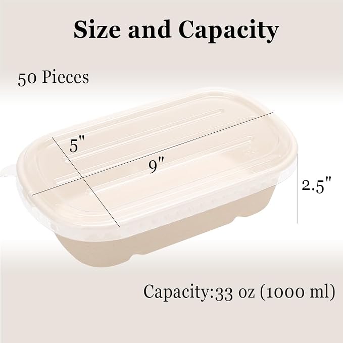 Aksipo 50 Pack 33 Oz Disposable Meal Prep Containers with Lids, Rectangle Paper Bowls with Lids for Salad,Leftovers, Leak-proof To Go Food Box Cardboard Lunch Box Compostable Take Out Food Containers - Image 2