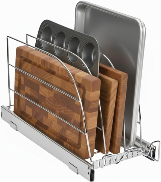 Pull Out Organizer for Bakeware, Cutting Board and Trays, 8.5"W x 21"D | Stores Cutting Board and Trays, Adjustable Dividers, Heavy Duty, Lifetime Limited Warranty - For Narrow Cabinet Spaces by HOLDN%E2%80%99STORAGE