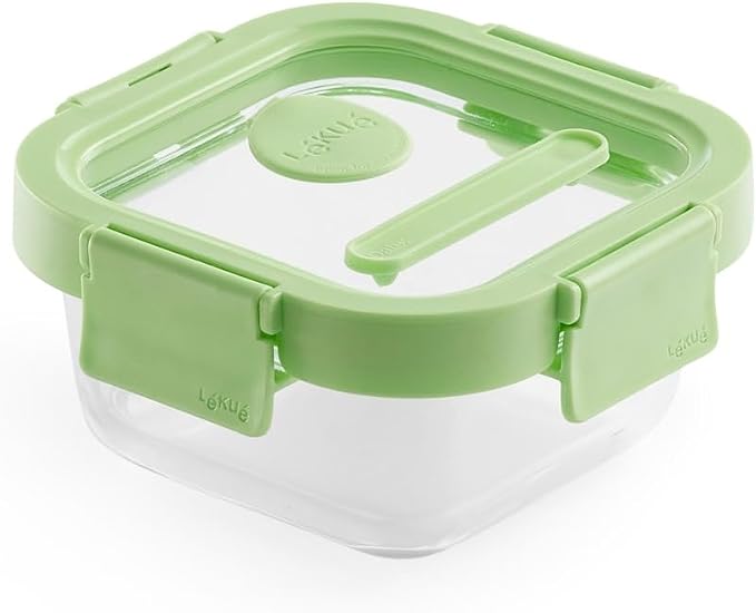 Lékué Square Glass Food Container with Airtight Lid & Steam Valve - 11oz - Borosilicate Glass & 100% Platinum Silicone Lidded Dish for Storage and Cooking - Microwave, Freezer & Dishwasher Safe by Lekue