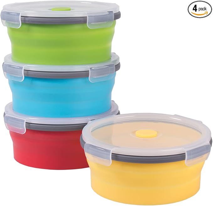 Collapsible Food Storage Containers with Airtight Lid, 27 oz, Kitchen Stacking Silicone Collapsible Meal Prep Container Set for Leftover, Microwave Freezer Dishwasher Safe, 4 Colors Round, Set of 4 by Annaklin