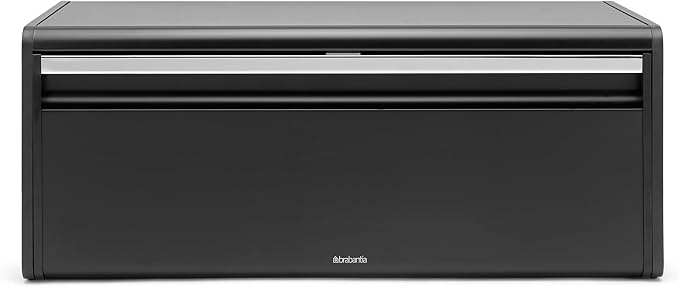 Brabantia Rectangular Fall Front Bread Box | Matt Black | Large Metal Front Opening Bread Store for Kitchen Countertop | Flat Top for Extra Storage, Magnet Closing Lid | Fits 2 Loaves by Unknown