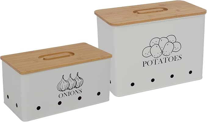 Potato Onion Storage Box, Food Container Sets, Storage Canisters for Vegeatables, Set of 2 Jars Pots Containers, Potato & Onion Bin with Aerating Tin Storage Holes & Bamboo Lid-White by Xbopetda