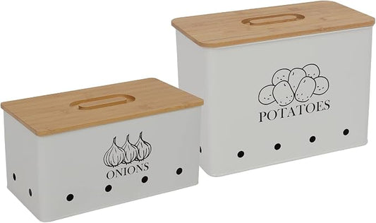 Potato Onion Storage Box, Food Container Sets, Storage Canisters for Vegeatables, Set of 2 Jars Pots Containers, Potato & Onion Bin with Aerating Tin Storage Holes & Bamboo Lid-White by Xbopetda