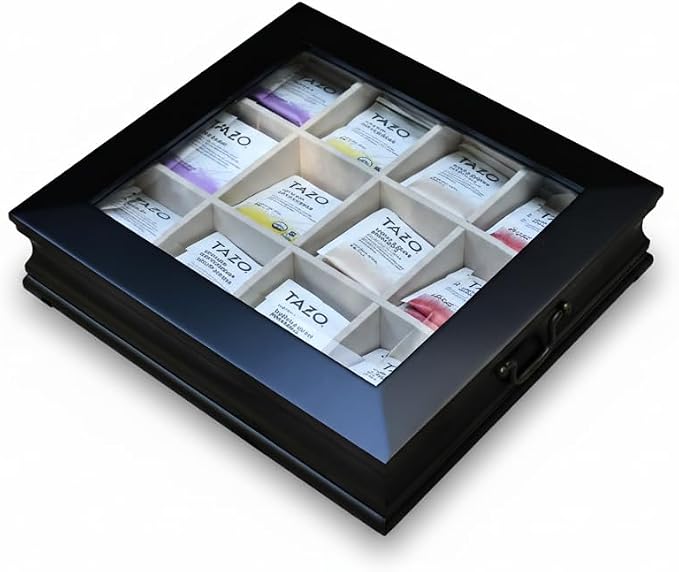 Tea Chest 12 Compartments Tea Bag Large Storage Box with Beveled Glass Lid - Image 2