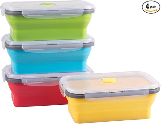 Collapsible Food Storage Containers with Airtight Lid, 27 oz, Kitchen Stacking Silicone Collapsible Meal Prep Container Set for Leftover, Microwave Freezer Dishwasher Safe, 4 Colors, Set of 4 by Annaklin