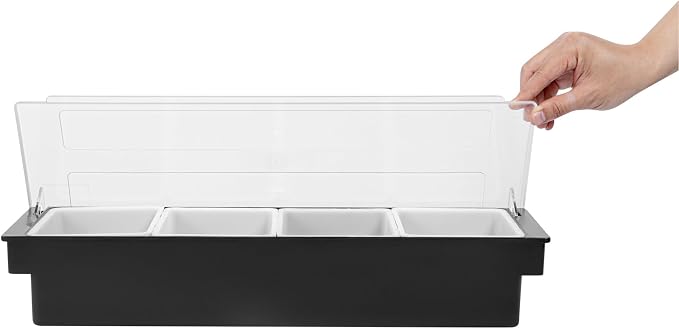 Restaurantware Bar Lux 19.6 x 6.3 x 3.7 Inch Condiment Caddy 1 Durable Bar Caddy - 4 Removable Compartments Built-In Lid Black Plastic Condiment Holder For Restaurant Store Cocktail Garnish - Image 12