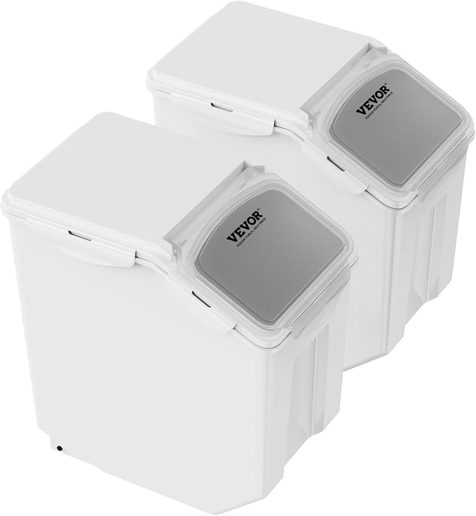 VEVOR Ingredient Storage Bin, 2 x 15L Dispenser Bin with 2 Measuring Cups, Attachable Casters and Airtight Lid, 2 Pcs/Set Dog Pet Food Storage Container, PP Material Kitchen Rice Cereal Flour Bin - Image 9