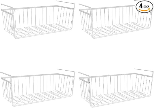 Modern Home Under Shelf Wire Storage Baskets – Hanging Organizer Rack for Cabinet, Pantry, or Closet – White Metal Basket for Kitchen, Towels, or Office – No Tools Required (Set of 4 19") by Modern+Home