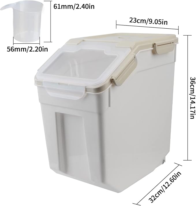 AnRui Airtight Flour Storage Container 25lb, Plastic Grain Storage Bucket, Rice Cereal Dispenser Organizer Box with Lid, Cat Dog Food Storage Bin with Measuring Cup, Scoop, Wheels, 2Pcs Grey - Image 3