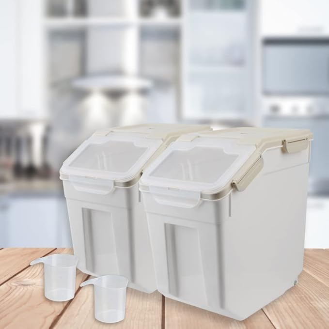 2 Pack 50 lb Airtight Flour Storage Containers with Wheels, Gray | Large Rice Bin with Wheels, Seal Locking Lid, BPA-Free, Includes Measuring Cup & Scoop, Kitchen Organization - Image 6