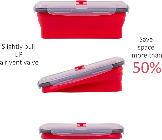 Collapsible Food Storage Containers with Airtight Lid & Air Vent, 40.5 oz, Kitchen Stacking Silicone Collapsible Meal Prep Container Set for Leftover, Microwave Freezer Dishwasher Safe, Red, Set of 4 - Image 3