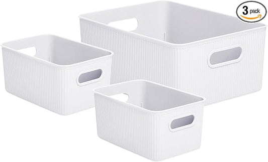 Superio Ribbed Collection - Decorative Plastic Basket Open Home Storage Bins Organizer, White (Set of 3) 1 Large, 2 Medium - Container Boxes for Organizing Closet Storage Bins for Shelves by Superio