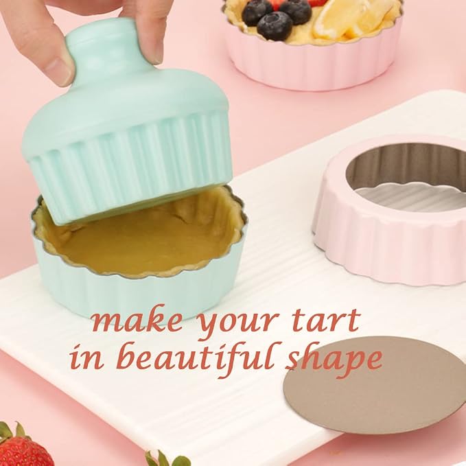 CANDeal 10PCS Tart Baking Molds Set, 8 PCS Quiche Baking Pans with 2PCS Tart Tamper, Removable Base, Non-stick Egg Tart Baking Molds Set,Mini Round Pie Moulds - Image 5