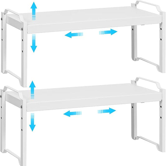 2 Pack Stackable Expandable Shelves For Kitchen Cabinet Countertop Storage, Adjustable Counter Cupboard Pantry Organizer Shelf Rack Stand, Length:25.5 Inch by X-cosrack