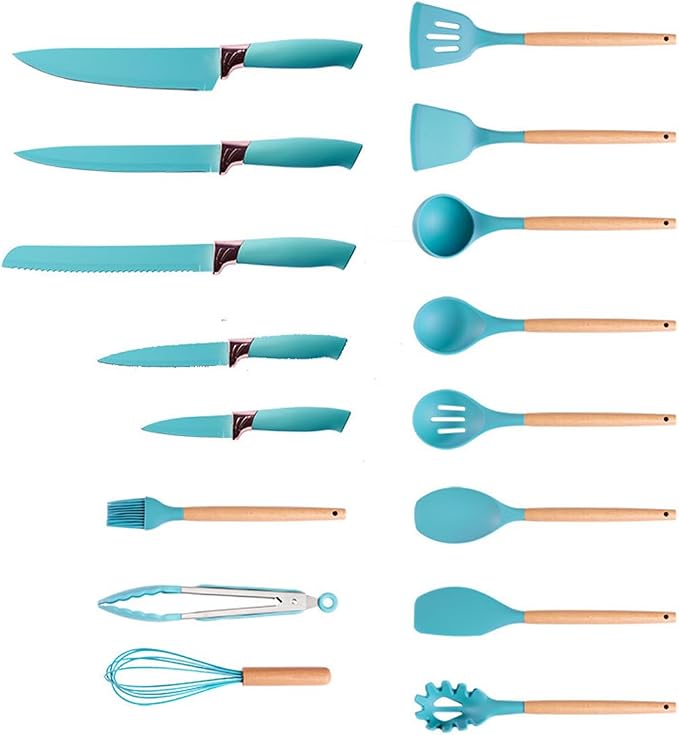 19 Pieces Kitchen Utensils and Knife Set with Block, Inldued 9 Pieces Silicone Cooking Utensils Set 5 Pieces Sharp Stainless Steel Chef Knives Scissors Whisk Tongs and Cutting Board (TEAL) - Image 8