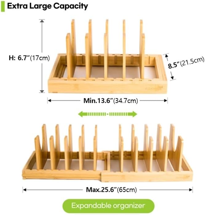 Pots and Pans Organizer under Cabinet, Bamboo Expandable Bakeware and Cutting Board Organizers, Adjustable Pot Lids Holder Rack, Cookie Sheet Baking Pan, Tray Organizer for Kitchen Storage (Natural) - Image 2