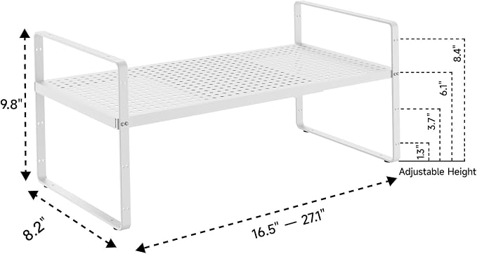 2Pack 16.5-27''L Expandable Cabinet Countertop Shelf Organizer, White | 8"W x 9.6"H, Stackable Metal Shelves, Storage Spice Rack, For Pantry and Cupboard, Kitchen Organizers and Storage - Image 2
