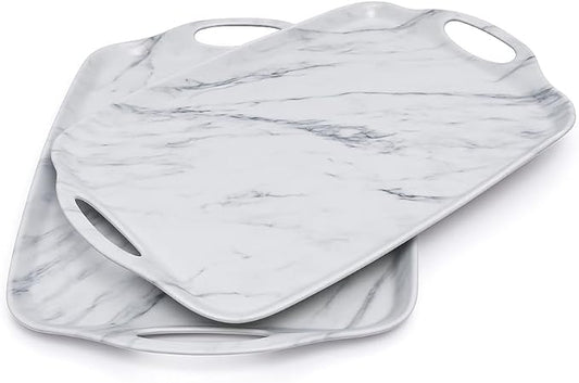 TP Melamine Serving Trays with Handles, 17” x 12”, Set of 2, White Marble | Rectangular Trays, Serving platters for Food and Meat, Party Serving, Lightweight, Break-resistant by TastePrime