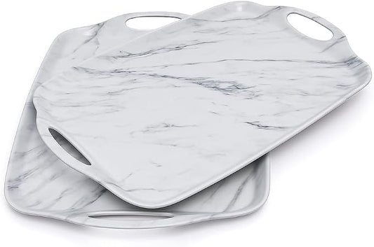 TP Melamine Serving Trays with Handles, 19" x 12", Set of 2, White Marble | Large Rectangular Trays, Serving platters, Turkey and Party Serving, Lightweight, Break-resistant by TastePrime