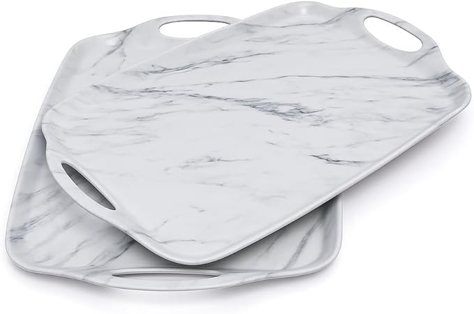 TP Melamine Serving Trays with Handles, 19" x 12", Set of 2, White Marble | Large Rectangular Trays, Serving platters, Turkey and Party Serving, Lightweight, Break-resistant by TastePrime