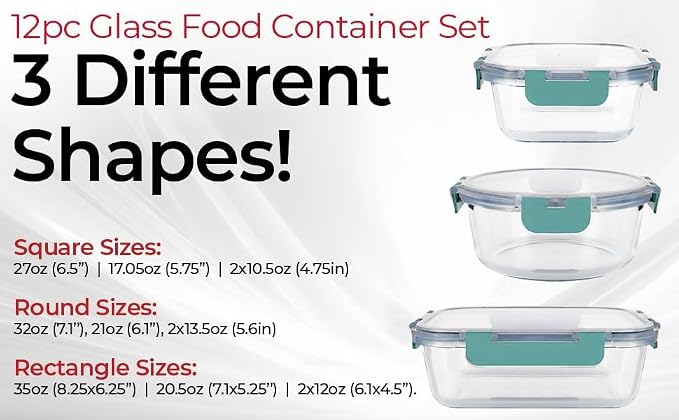 Magic Mill Premium Borosilicate Glass Food Storage Containers with lids Set | 24pc Sets with 12 Bowls & 12 Airtight Locking Lids for Lunch & Meal Prep, Safe for Oven, Freezer, Dishwasher, BPA-Free - Image 6