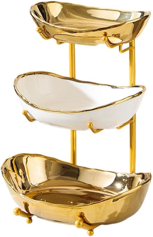 3 Tier Fruit Bowls For Kitchen Counter, Ceramic Fruit Basket Stand | Metal Fruit Serving Tray, Large Capacity, Snacks Nuts Cake Storage Holder for Party, Gold 2 by jessie