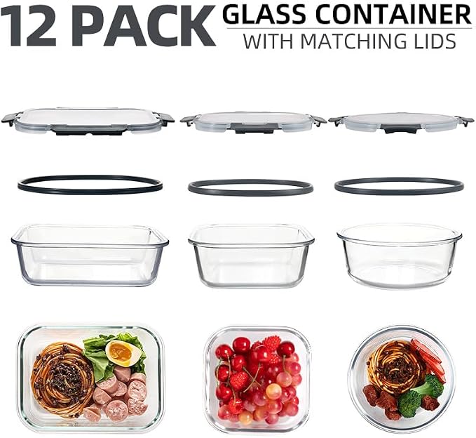 12 Pack Glass Storage Containers Transparent, Stackable Design Meal Prep Containers for Food Storage, Home, Kitchen & Pantry Organization, Microwave/Freezer/Dishwasher Safe - Image 3